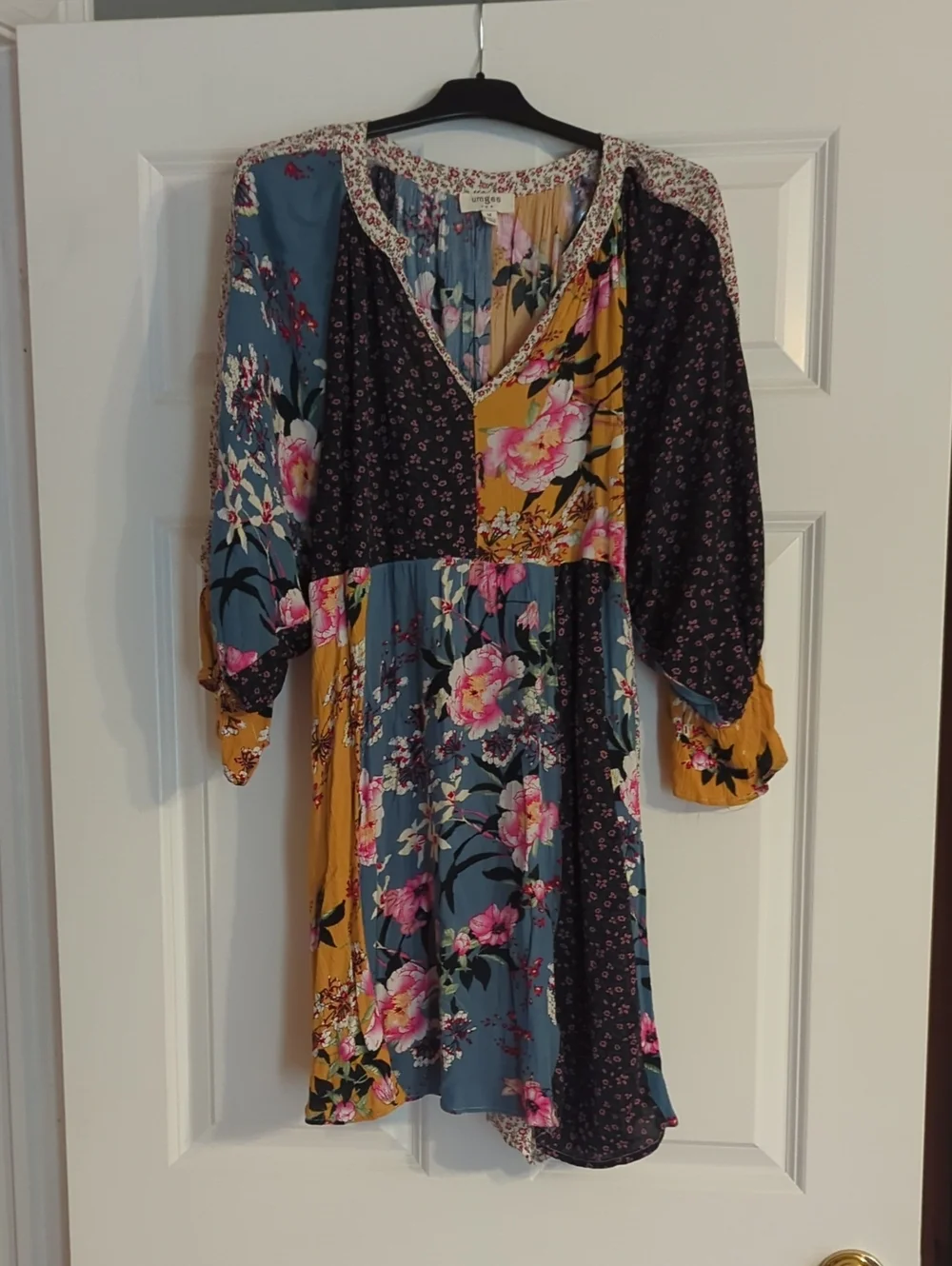 Umgee Mixed Floral Patchwork Dress - Blue & Mustard